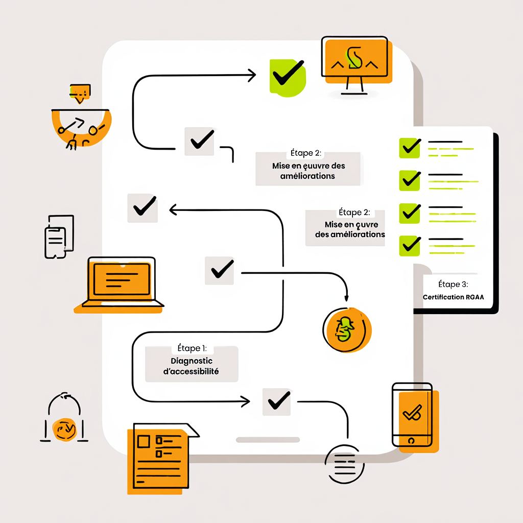 Processus de mise en conformité RGAA illustré : étape 1 diagnostic d’accessibilité numérique, étape 2 mise en œuvre des améliorations, étape 3 certification d’accessibilité web.