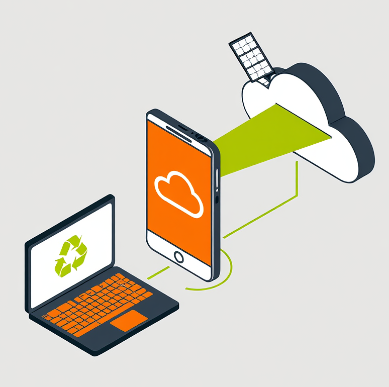 Illustration d’éco-conception numérique : ordinateur et smartphone reliés à un cloud, symbolisant le stockage durable et le recyclage des ressources informatiques.
