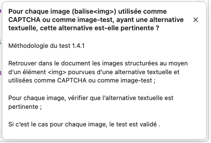 Illustration de la fenêtre d'information pour le test 1.4.1